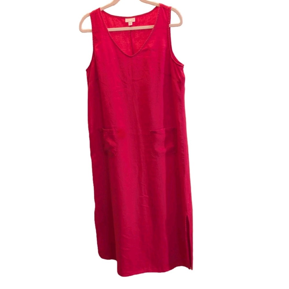 J Jill Love Linen Medium Red A-Line Maxi Dress Sleeveless Pockets Minimalist - Picture 2 of 11